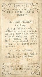 1933 Wills's Victorian Footballers (Small) #54 Harold Hardiman Back